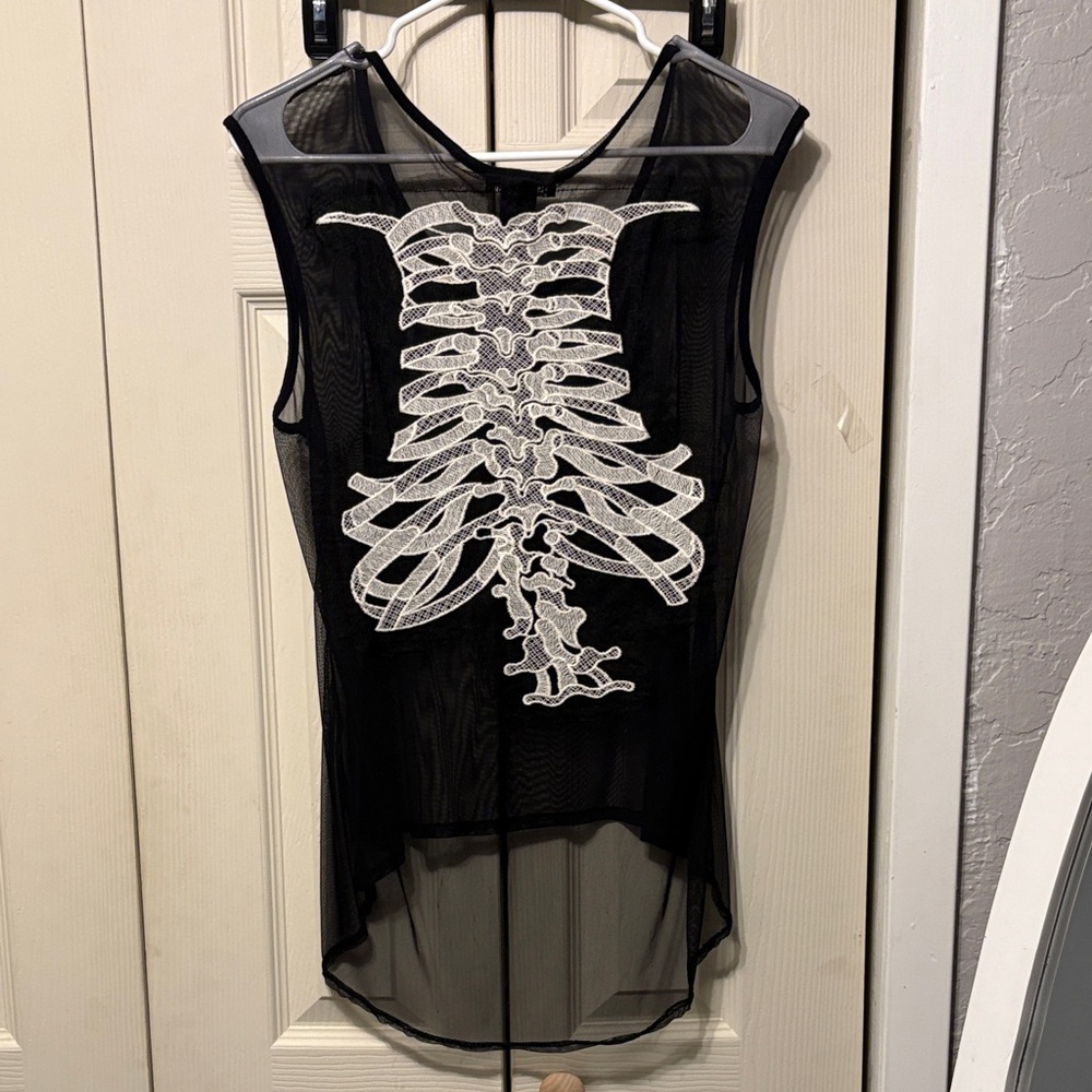 🤑Hot Topic Black Sheer Top with White Skeleton Print